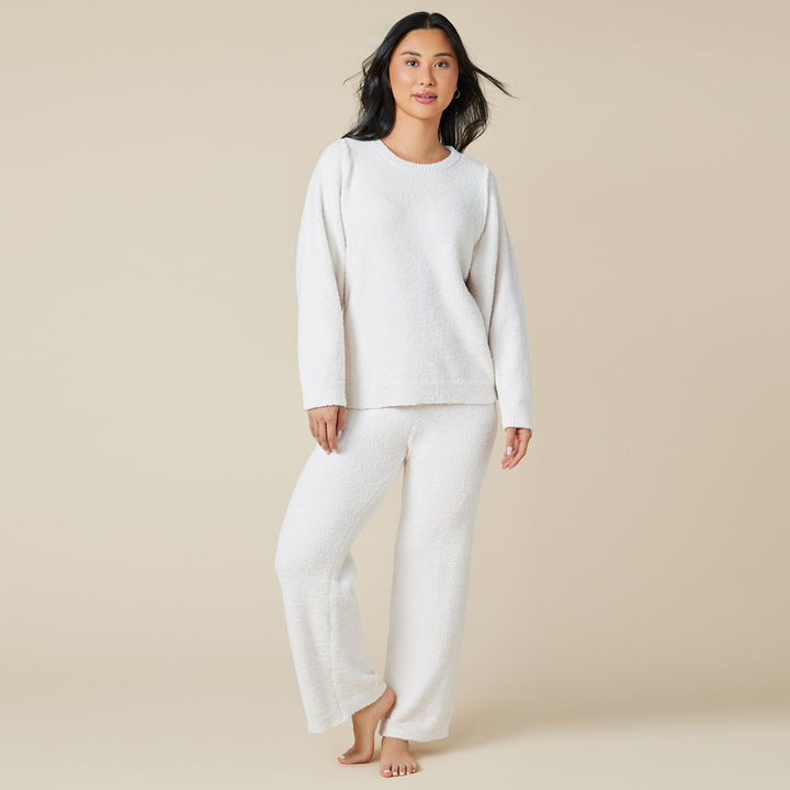 Solid Marshmallow Reverse Seam Crew Neck Lounge Set with Bracelet Sleeve - Almond