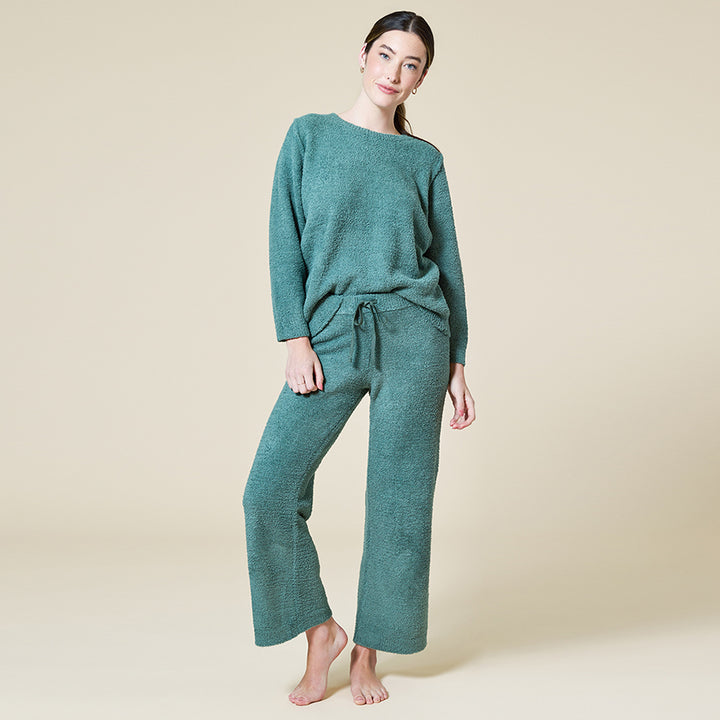 Solid Marshmallow Reverse Seam Crew Neck Lounge Set with Bracelet Sleeve - Dusty Green