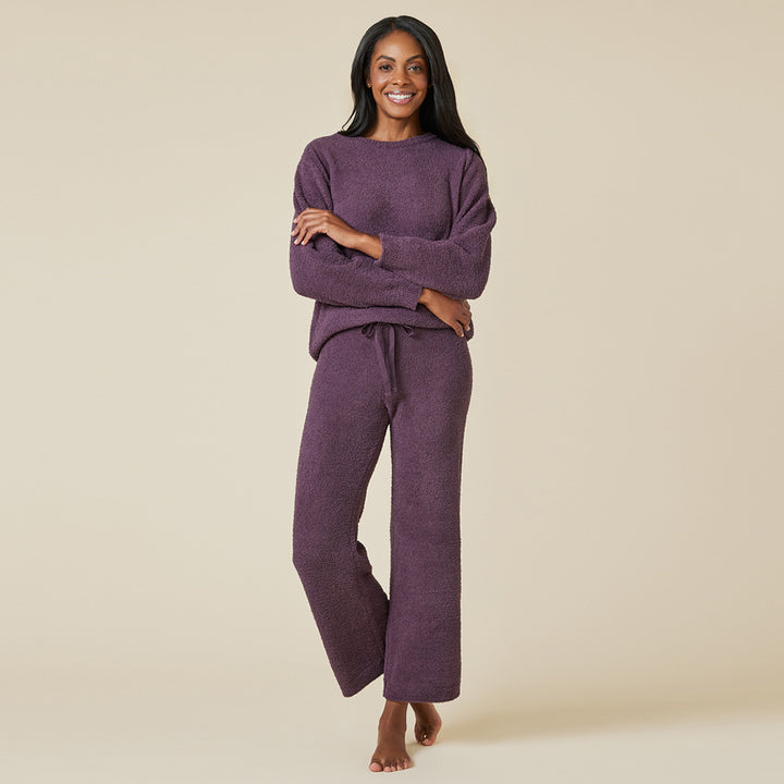 Solid Marshmallow Reverse Seam Crew Neck Lounge Set with Bracelet Sleeve - Fig