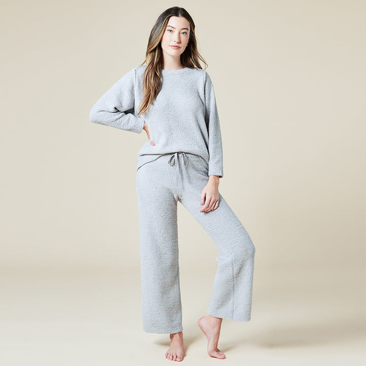 Solid Marshmallow Reverse Seam Crew Neck Lounge Set with Bracelet Sleeve - Grey