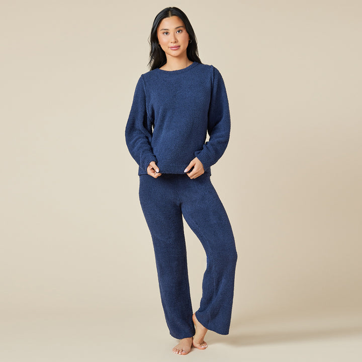 Solid Marshmallow Reverse Seam Crew Neck Lounge Set with Bracelet Sleeve - Midnight